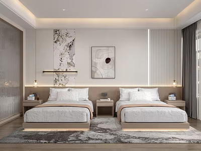 Modern Hotel Guest Room Interior Design With Twin Beds Decorative Artwork And Nightstands 3d model