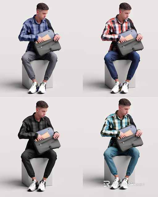 A Man Sitting Holding Black Briefcase Wearing Plaid Shirt And White Sneakers 3d model 