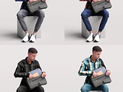 A Man Sitting Holding Black Briefcase Wearing Plaid Shirt And White Sneakers 3d model