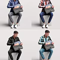 A Man Sitting Holding Black Briefcase Wearing Plaid Shirt And White Sneakers