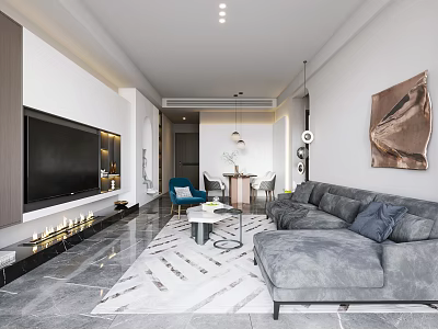 Modern Living Dining Room Interior With Gray Sofa Blue Chair Marble Floor And TV Wall 3d model