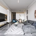 Modern Living Dining Room Interior With Gray Sofa Blue Chair Marble Floor And TV Wall