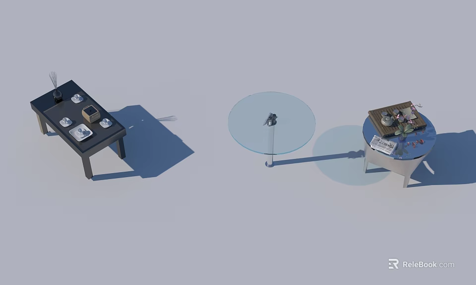 Modern Table Designs With Glass Top And Decorative Items On Wooden And White Surfaces 3d model 