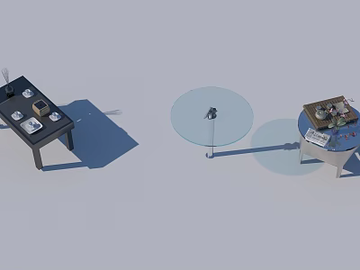 Modern Table Designs With Glass Top And Decorative Items On Wooden And White Surfaces 3d model