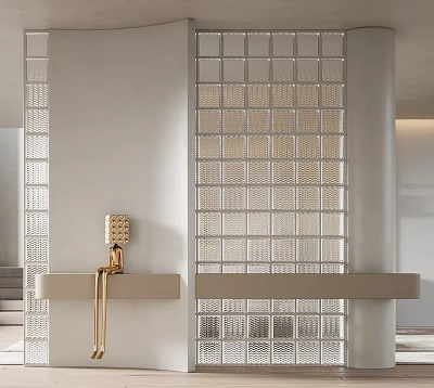 Elegant Modern Bathroom Interior With Glass Block Wall Partition And Gold Faucet Vanity 3d model
