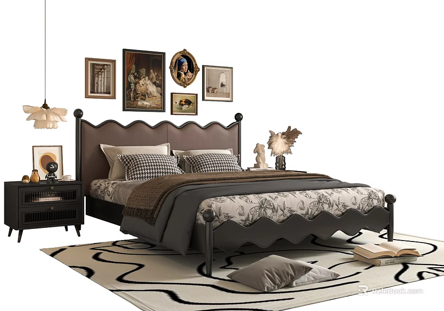 Cozy Double Bed With Decorative Paintings Bedside Table Pendant Light And Rug 3d model 