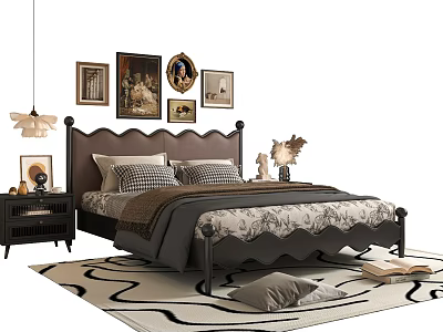 Cozy Double Bed With Decorative Paintings Bedside Table Pendant Light And Rug 3d model