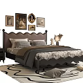 Cozy Double Bed With Decorative Paintings Bedside Table Pendant Light And Rug