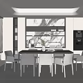 Modern Dining Interior With Marble Backsplash Cabinets Ovens Dining Table Chairs Window Blinds And Plant