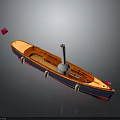 Vintage Model Boat With Orange Deck Blue Hull White Chimney Red Flag And Side Buoys