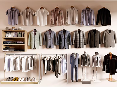 Fashionable Men's Clothes Including Shirts Suits Coats And Jackets Hanging On Racks 3d model