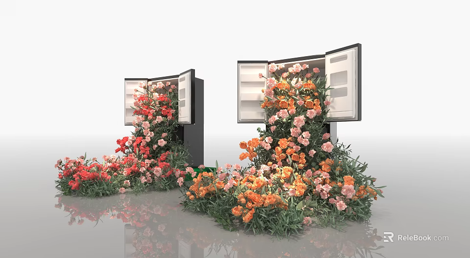 Vibrant Floral Display with Open Cabinets Overflowing Colorful Flowers and Ground Arrangements 3d model 