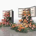 Vibrant Floral Display with Open Cabinets Overflowing Colorful Flowers and Ground Arrangements