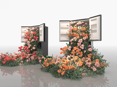 Vibrant Floral Display with Open Cabinets Overflowing Colorful Flowers and Ground Arrangements 3d model