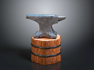 Vintage Metal Anvil For Blacksmith Craft Placed On Wooden Barrel Stand 3d model
