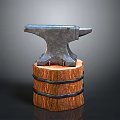 Vintage Metal Anvil For Blacksmith Craft Placed On Wooden Barrel Stand