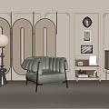 Stylish Green Velvet Single Sofa In Modern Room With Geometric Screen Decorative Lamp And Artwork