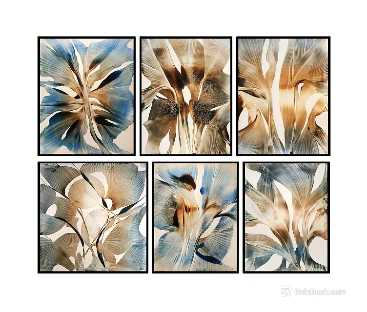 Abstract Botanical Paintings Blue Brown Tones Black Framed Six Panel Wall Art 3d model 