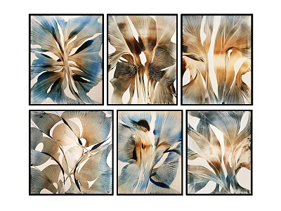 Abstract Botanical Paintings Blue Brown Tones Black Framed Six Panel Wall Art 3d model