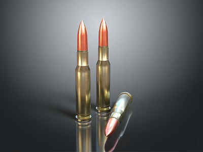 Three Military Bullets with Golden Casings Red Tips and Reflective Surface 3d model