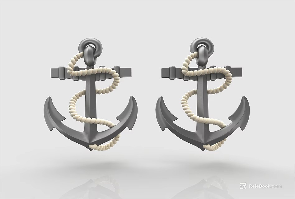 Anchor Shaped Gray Decorative Ornament Set With Beige Rope For Home Decor 3d model 