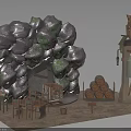 Detailed Rustic Themed Scene Setup With Rock Formation Wooden Tables Logs And Tower Structure