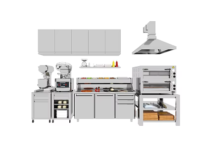 Professional Modern Kitchen Appliances With Range Hood Pizza Oven And Storage Units 3d model