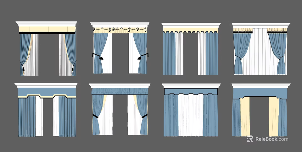 Various Blue And White Curtain Designs With Decorative Valances And Headers 3d model 