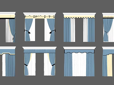 Various Blue And White Curtain Designs With Decorative Valances And Headers 3d model