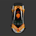 Sporty Race Car With White Yellow Orange Design Rear Spoiler Flash Drama And Sponsor Logos