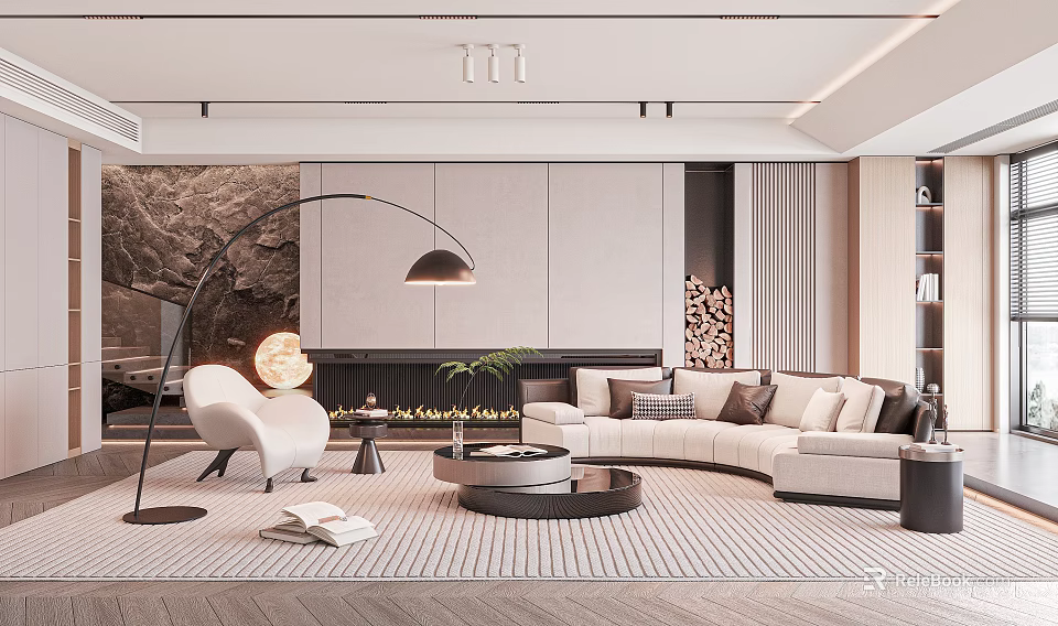 Modern Living Room Interior With Curved Sofa Floor Lamp Fireplace And Round Coffee Table 3d model 