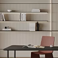 Minimalist Home Study With Wooden Bookshelves Black Desk And Red Chair