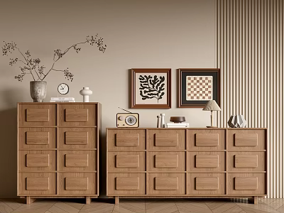 Natural Wooden Entryway Cabinet and Side Cabinet Interior With Vase Clock and Picture Frames 3d model