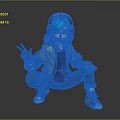 3D Character With Teal Hair Headphones Hoodie And Cargo Pants Squatting Pose Peace Sign