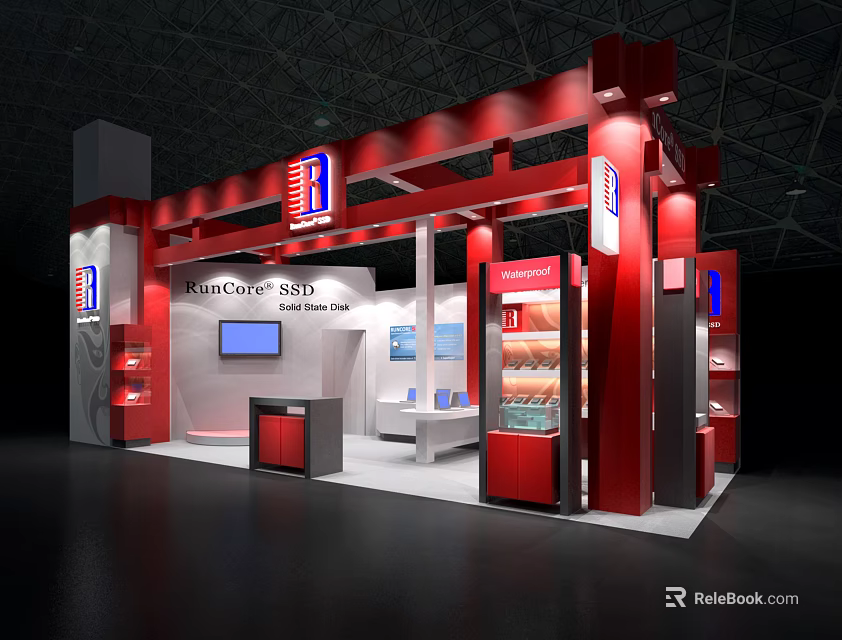 Modern Red And White Exhibition Booth With RedCross Store Branding Display Cabinets And Screen 3d model 