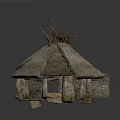 Stone Shelter Structure With Sloped Roof And Wooden Branches On Top