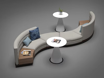 Irregular Shaped Sofa With Curved Design Light Gray Upholstery Decorative Pillows And White Round Tables 3d model