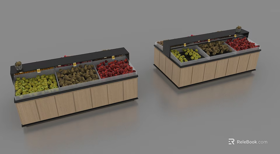 Wooden Display Shelves with Multiple Compartments Holding Various Fresh Fruits 3d model 