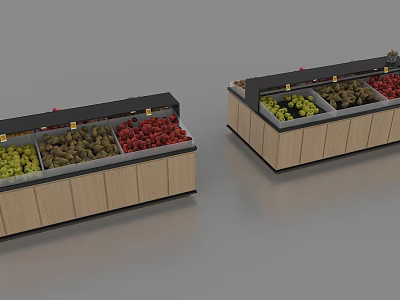 Wooden Display Shelves with Multiple Compartments Holding Various Fresh Fruits 3d model