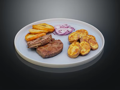 Delicious Grilled Steak With Fried Potato Wedges And Red Onion Slices On White Plate 3d model