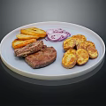 Delicious Grilled Steak With Fried Potato Wedges And Red Onion Slices On White Plate
