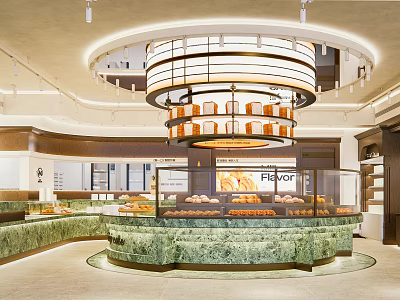 Elegant Dessert Shop Interior With Open Display Cases Marble Counter And Chandelier 3d model