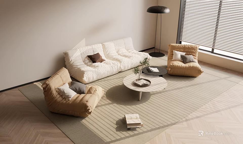 Modern White Sofa and Round Coffee Table Set with Beige Chairs Floor Lamp and Rug 3d model 