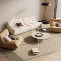 Modern White Sofa and Round Coffee Table Set with Beige Chairs Floor Lamp and Rug