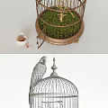 Vintage Birdcage Decorative Ornament Set With Parrot Figure Green Grass And Tree Branch