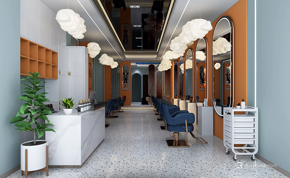 Modern Beauty Salon Interior With Cloud Shaped Ceiling Lights Blue Chairs Mirrors And Marble Counter 3d model 