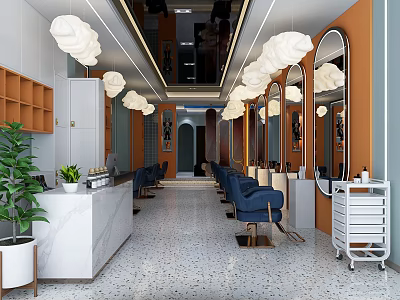Modern Beauty Salon Interior With Cloud Shaped Ceiling Lights Blue Chairs Mirrors And Marble Counter 3d model
