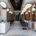 Modern Beauty Salon Interior With Cloud Shaped Ceiling Lights Blue Chairs Mirrors And Marble Counter