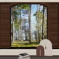 Wooden Blinds Framing Scenic Forest View With Indoor Plants And Decorative Items