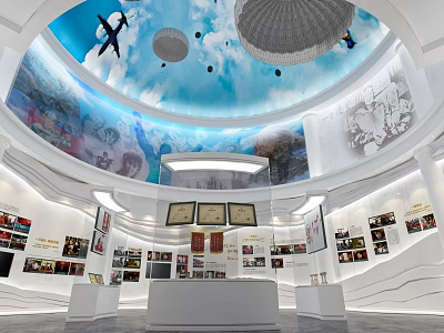 Spacious Exhibition Hall Featuring Dome Ceiling Blue Sky Background Airplane Models Parachutes And Wall Displays 3d model